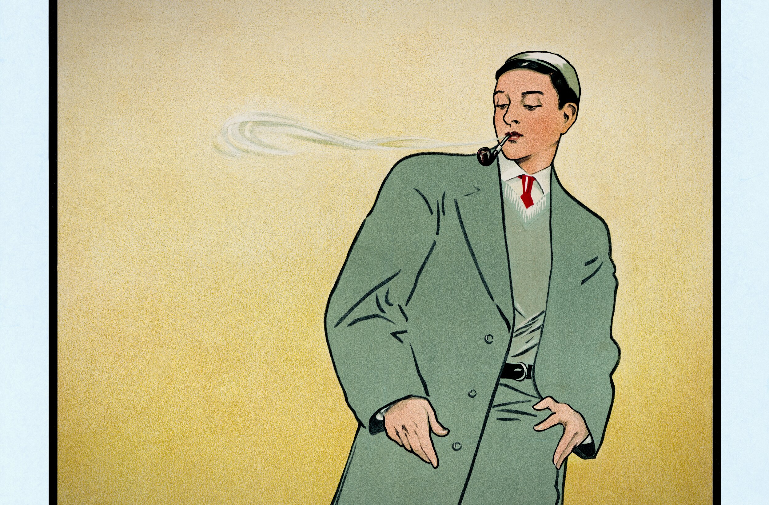 Vintage illustration of a young person in an oversized gray suit and red tie, smoking a pipe with a long trail of smoke curling behind them. They stand in a relaxed, fashion-posed stance against a plain cream-colored background, with a muted early-20th-century Art Deco aesthetic.