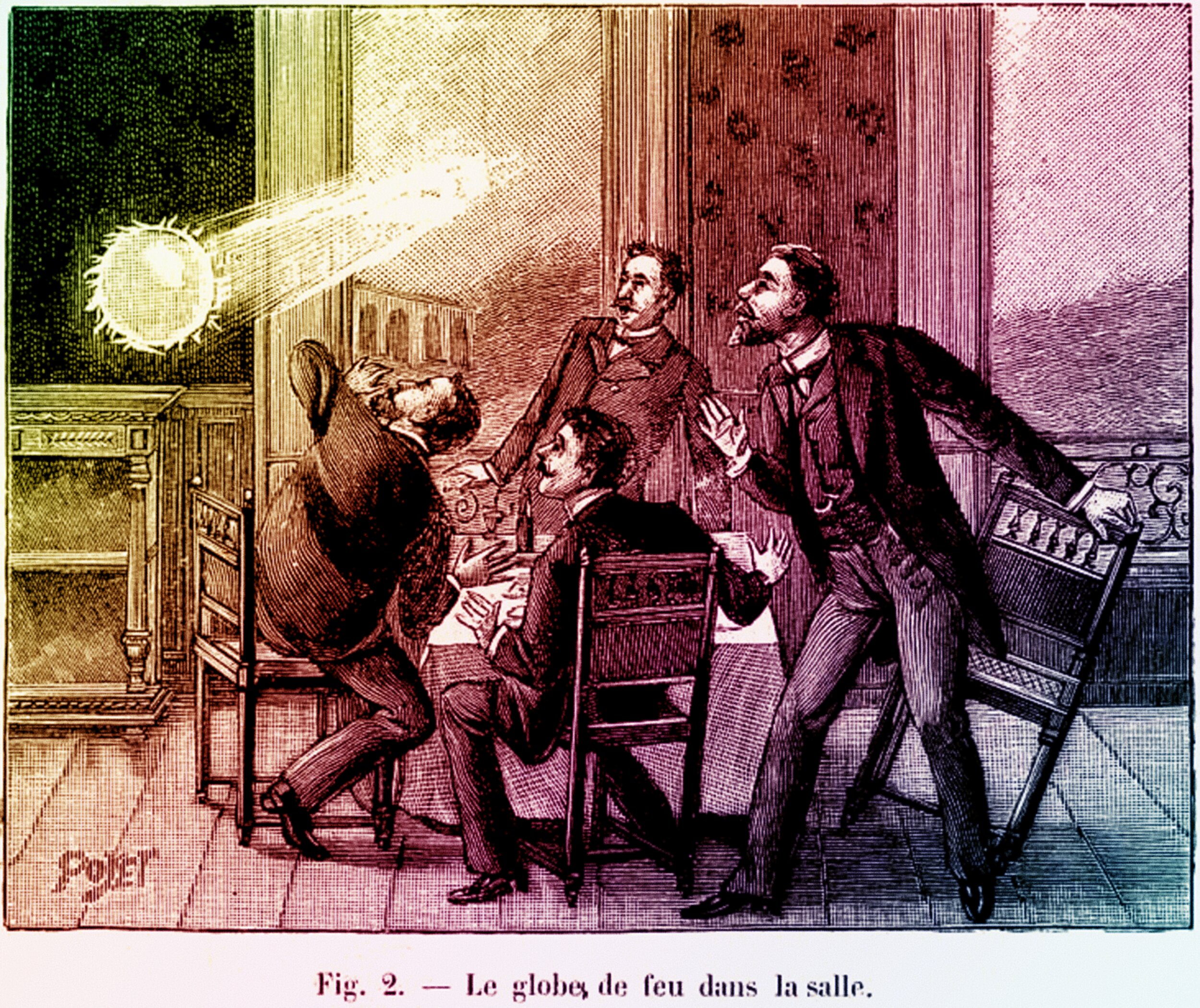 Hand-colored 19th-century engraving captioned 'Fig. 2. — Le globe de feu dans la salle' (The fireball in the room), signed Poyet. The image is tinted in vertical bands like a spectrum, shifting left to right from deep green through yellow-green, warm maroon-red, violet, and pale blue-gray. A glowing yellow-white ball of light hovers near a fireplace on the green-toned left side, casting a beam across the room toward four startled men in period suits, rendered mostly in reddish-purple tones, gathered around chairs and gesturing in alarm.