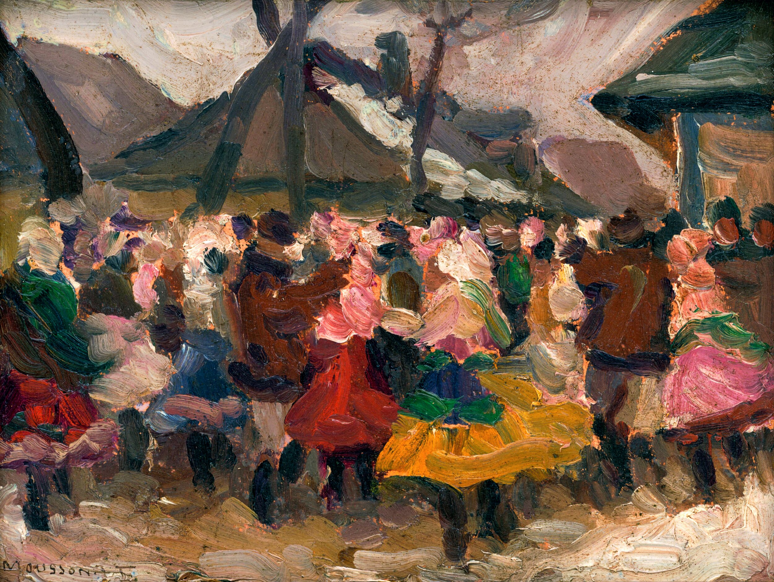 An impressionist oil painting depicting a lively outdoor folk dance. Dozens of figures in vibrant traditional costumes. Reds, pinks, greens, yellows, and oranges. All gathered in a swirling mass, suggesting energetic movement. The crowd fills most of the canvas; individual faces are not distinguishable, but the sense of collective festivity is strong. Dark tree trunks and a pale, loosely painted sky frame the scene from above. The paint is applied in short, expressive strokes with visible texture. The artist's signature, reading 'Mousson,' appears in the lower left corner.