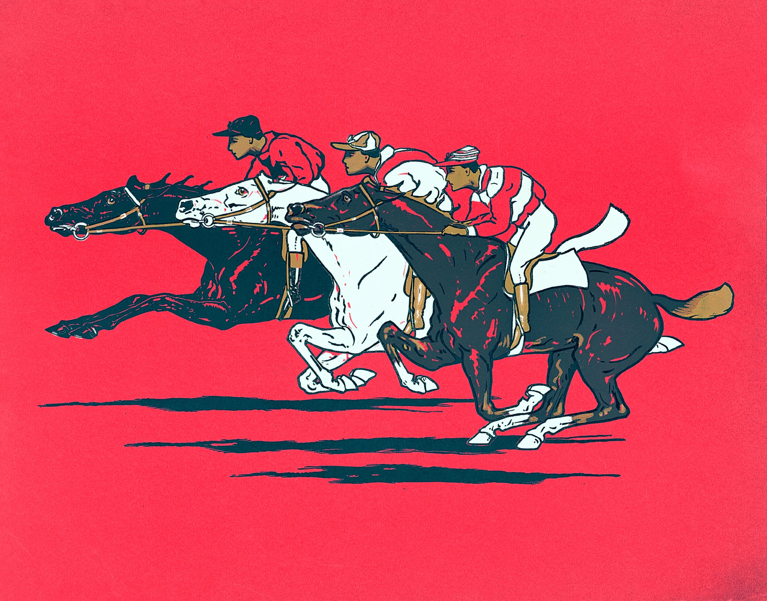 Three jockeys race side by side on horseback in a flat racing scene rendered in a bold graphic illustration style. The horses—one dark, one white, one dark bay—surge forward at full gallop against a vivid coral-red background. The jockeys lean low over their mounts' necks, dressed in racing silks and caps. The palette is limited to deep teal-black, white, gold, and red, the image has the feel of a vintage screen-print/linocut poster.