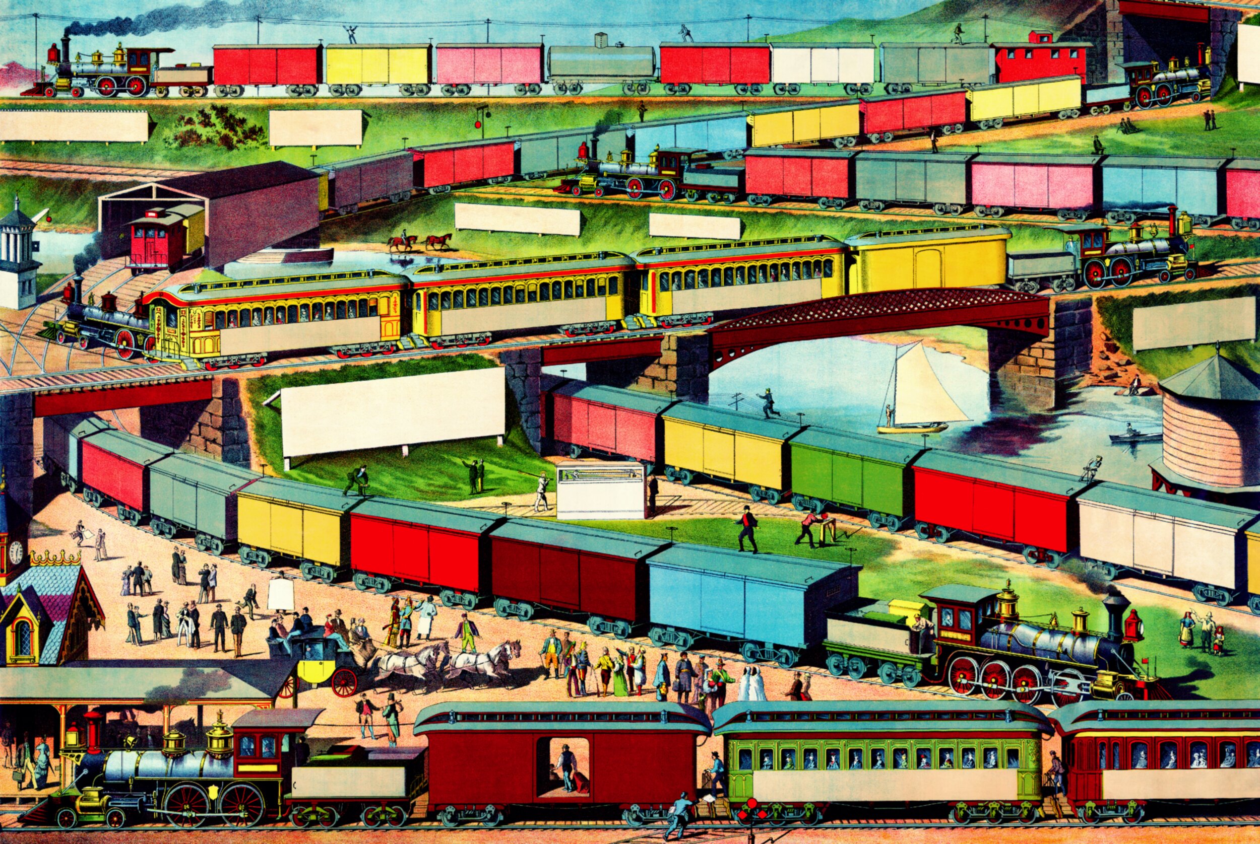 Colourful vintage lithograph illustration depicting six stacked, winding railway lines crowded with steam trains, in a style typical of late 19th-century American railroad advertising prints. Each track level shows a different train: freight cars in red, yellow, pink, and blue; a bright yellow-and-red passenger train crossing an iron truss bridge over a river with a sailboat; more boxcars in mixed colors passing a rail yard where workers signal with flags; and at the bottom, a station platform scene with a green-and-cream passenger train, a maroon baggage car, and a horse-drawn carriage surrounded by well-dressed 19th-century travelers. Steam locomotives with tall smokestacks and red wheels pull each train, with plumes of dark smoke rising against a pale blue sky and distant hills.