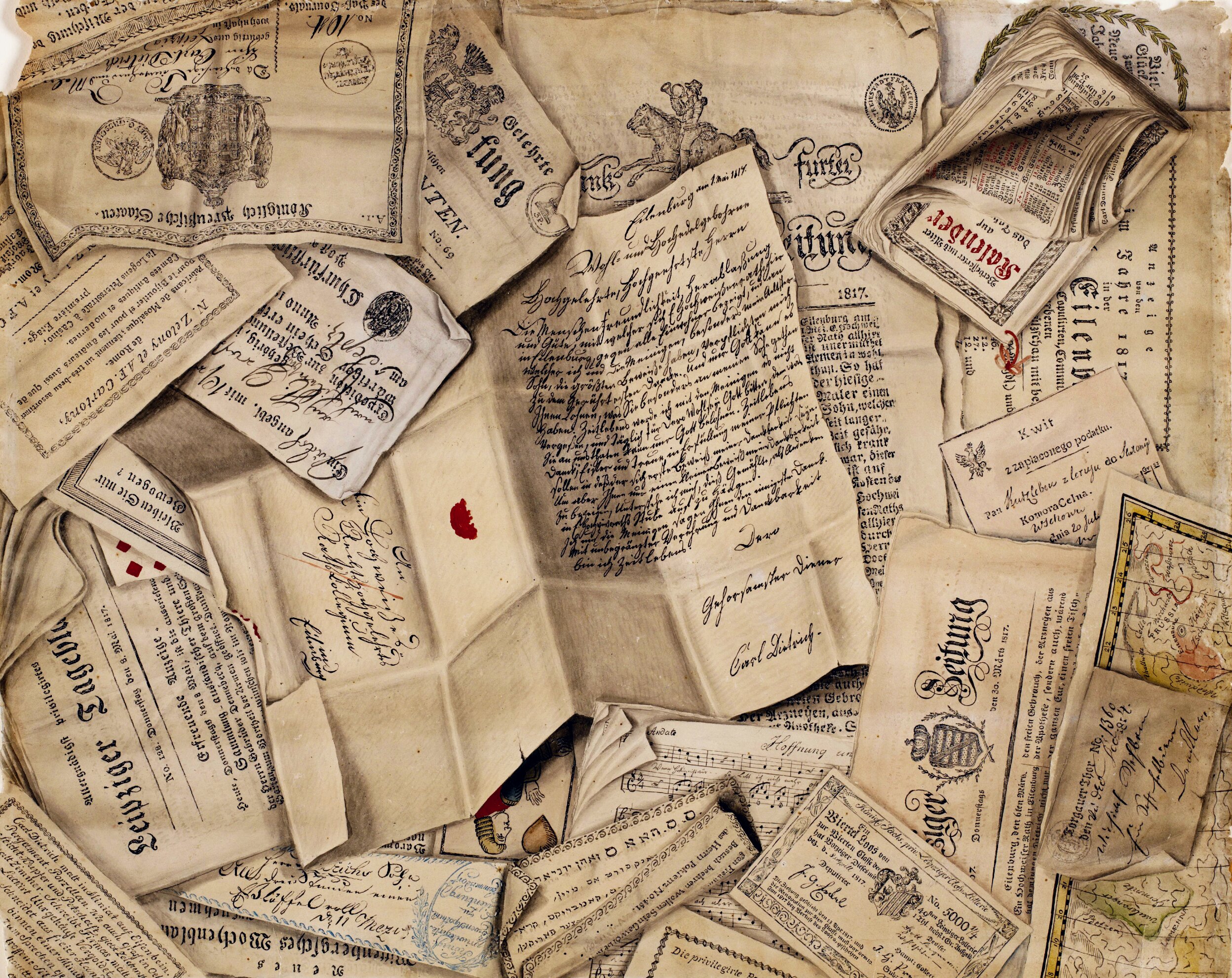 A trompe-l'œil painting depicting a scattered collection of aged historical documents, letters, and newspapers overlapping one another. The papers are rendered in warm sepia and cream tones, suggesting significant age. Documents include handwritten letters in German cursive script (Kurrent), printed newspapers with Gothic blackletter typefaces bearing dates from 1817, official-looking certificates with wax seals and decorative borders, folded correspondence with red wax seal remnants, and what appears to be sheet music. Several documents feature ornate engravings of coats of arms or figures on horseback. A few pieces of red sealing wax are scattered among the papers. The arrangement creates a sense of historical layering, as though the viewer is looking down at a desk or archive drawer full of early 19th-century European correspondence and ephemera.