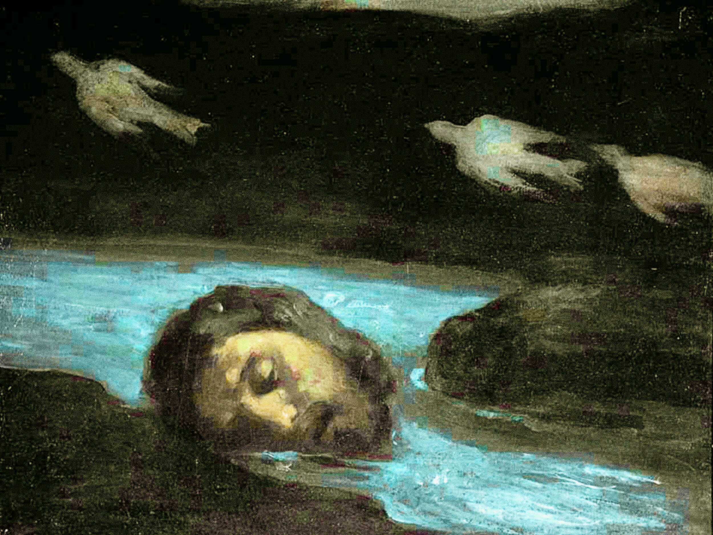 A dark oil painting depicting a man's head lying at the edge of a luminous turquoise river, his eyes half-open and expression serene or unconscious. The surrounding landscape is rendered in deep blacks and earth tones, with the vivid blue-green water serving as the primary light source. Three pale birds fly through the dark sky above him. The brushwork is loose and expressive, evoking a Romantic or Symbolist style. The overall mood is ethereal and elegiac.