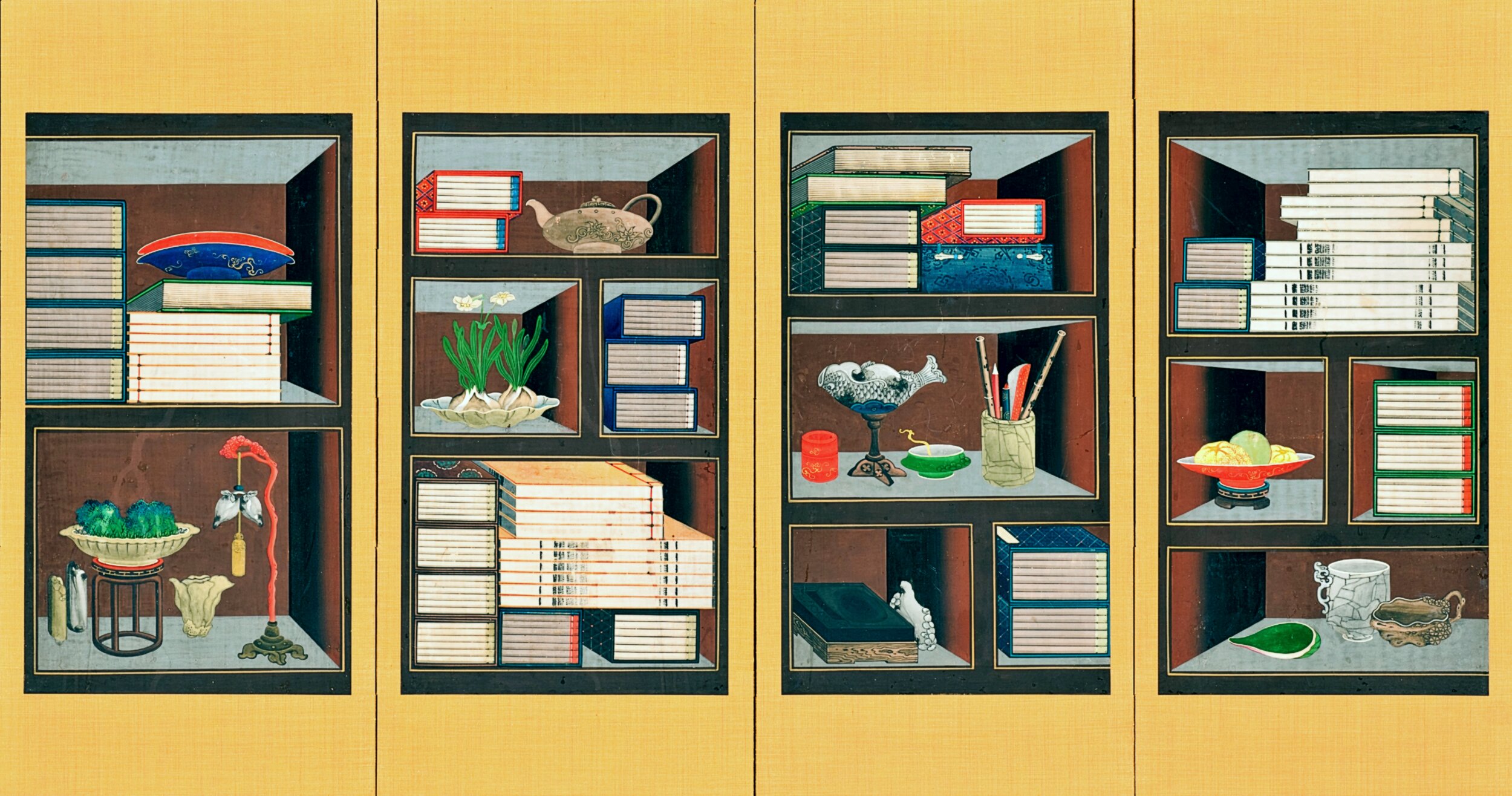 A four-panel Korean folding screen with a gold background, each panel depicting open shelving filled with neatly stacked books and decorative objects. The shelves contain ceramics, a teapot, flowering bulbs, writing brushes, an inkstone, fruit in a bowl, jade and carved ornaments, and other scholarly and ornamental items, arranged in a balanced, geometric composition with muted blues, greens, reds, browns, and white.