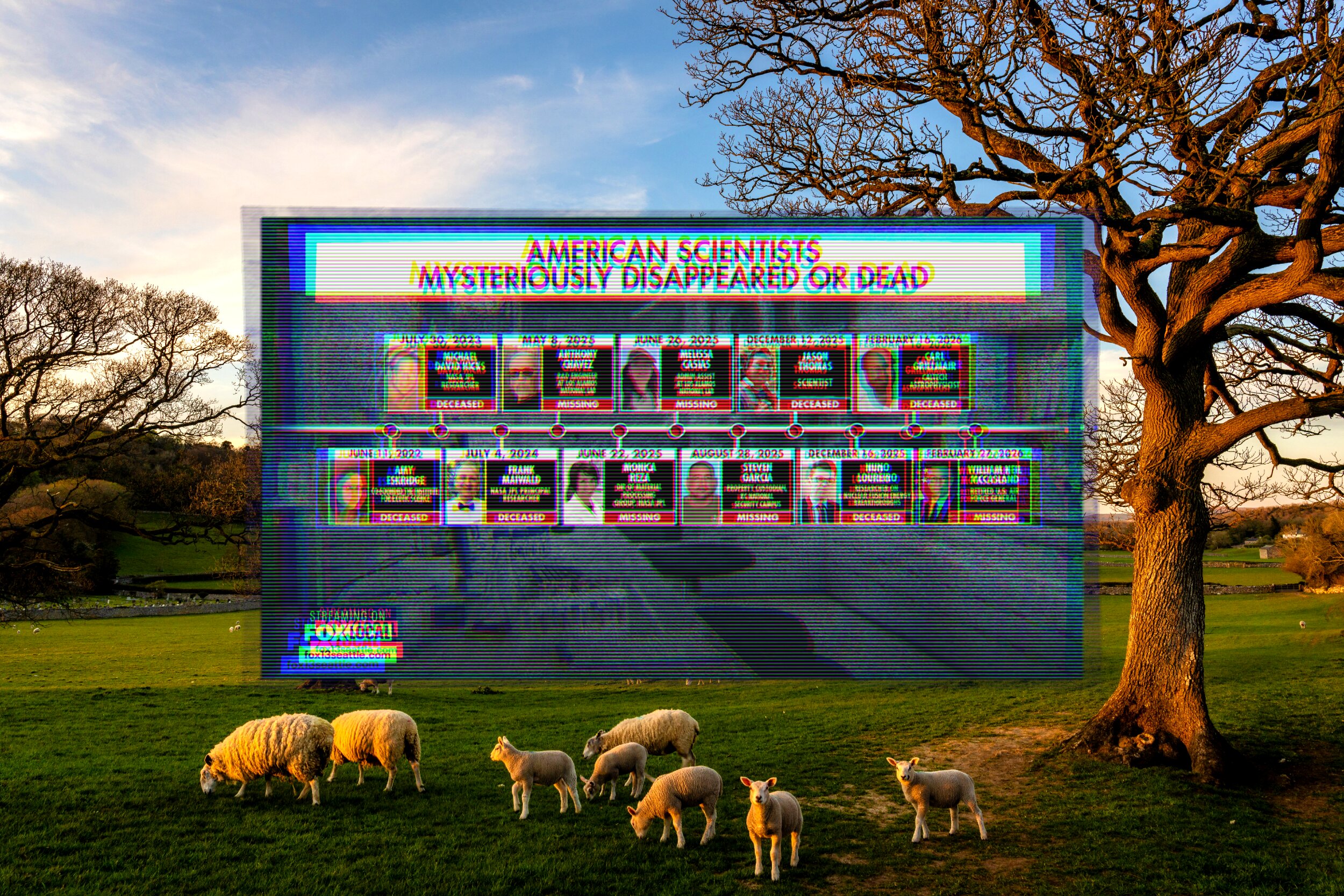 A composite image juxtaposing a pastoral English countryside scene with a semi-transparent, glitch-filtered television news graphic. In the foreground, a flock of sheep and lambs graze on green grass near a large bare oak tree at golden hour. Behind them, overlaid with a CRT scan-line effect and chromatic aberration, is a Fox 13 Seattle news segment titled 'American Scientists Mysteriously Disappeared or Dead', a two-row timeline displaying photos, names, dates, and 'Deceased' or 'Missing' designations for twelve scientists, spanning July 2023 through February 2026.
