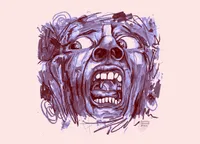 Expressionistic ink illustration of a distorted screaming face, rendered in blue and dark red brush strokes. The eyes bulge in opposite directions and the mouth gapes wide, showing teeth and tongue, while chaotic scribbles and paint marks surround the head, giving the image an intense, frantic energy.