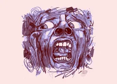 Expressionistic ink illustration of a distorted screaming face, rendered in blue and dark red brush strokes. The eyes bulge in opposite directions and the mouth gapes wide, showing teeth and tongue, while chaotic scribbles and paint marks surround the head, giving the image an intense, frantic energy.