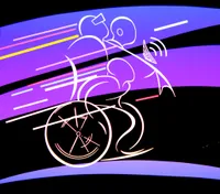 A stylized illustration of a wheelchair racer in motion, rendered in neon white line art against a bold graphic background of sweeping bands in black, purple, violet, and blue. The athlete leans forward aggressively over a racing wheelchair, with speed lines in pink, yellow, cyan, and white suggesting rapid forward movement. A small speaker with signal waves extends from the chair. The aesthetic evokes 1980s sports graphic design.