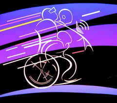 A stylized illustration of a wheelchair racer in motion, rendered in neon white line art against a bold graphic background of sweeping bands in black, purple, violet, and blue. The athlete leans forward aggressively over a racing wheelchair, with speed lines in pink, yellow, cyan, and white suggesting rapid forward movement. A small speaker with signal waves extends from the chair. The aesthetic evokes 1980s sports graphic design.
