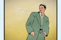 Vintage illustration of a young person in an oversized gray suit and red tie, smoking a pipe with a long trail of smoke curling behind them. They stand in a relaxed, fashion-posed stance against a plain cream-colored background, with a muted early-20th-century Art Deco aesthetic.