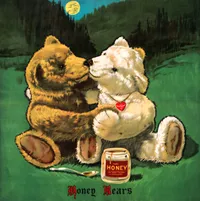 Vintage-style illustration titled 'Honey Bears.' Two plush teddy bears sit facing each other in a moonlit forest clearing, holding paws and touching noses affectionately. The brown bear embraces a white bear wearing a red heart-shaped pendant that reads 'My Sweetheart.' A jar of honey labeled 'Pure Honey' and a spoon rest in the grass in front of them. Above, a smiling yellow moon shines over dark evergreen trees, creating a whimsical, romantic atmosphere. The words 'Honey Bears' appear in ornate lettering at the bottom.