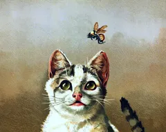 A vintage chromolithograph illustration of a tabby kitten with wide, yellow-green eyes staring upward at a large bumblebee hovering just above its head. The kitten has white and grey-brown markings, a pink nose, prominent whiskers, and an alert, curious expression. Its striped tail is visible curling up in the lower right corner. The background is a warm, muted grey-brown gradient typical of 19th-century print illustration.