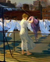 An impressionistic painting of a barefoot woman in a flowing white dress hanging laundry on a rooftop clothesline in a sunlit city. White sheets billow in the breeze around her, with one purple garment draped over the line. Warm afternoon light casts long shadows across the rooftop, while brick buildings and smokestacks fade into the hazy urban background.
