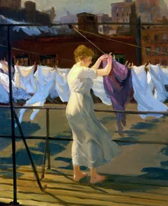 An impressionistic painting of a barefoot woman in a flowing white dress hanging laundry on a rooftop clothesline in a sunlit city. White sheets billow in the breeze around her, with one purple garment draped over the line. Warm afternoon light casts long shadows across the rooftop, while brick buildings and smokestacks fade into the hazy urban background.