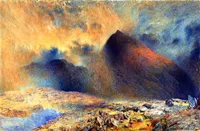 A dramatic mountain landscape painted in glowing, atmospheric colors. A dark, steep peak rises in the center-right, its slopes washed with deep blues, purples, and warm reddish-orange light. Thick clouds swirl overhead, illuminated by a brilliant golden-yellow glow near the horizon, creating the impression of a storm breaking at sunrise or sunset. In the foreground, jagged rocks and patches of colorful vegetation surround a small pool of water, while mist and shadow soften the distant mountains. The scene is impressionistic, with an almost dreamlike quality, emphasizing light, weather, and mood over fine detail.