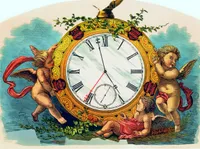 Victorian-style chromolithograph advertisement featuring an oversized ornate gold pocket watch with a white face, black Roman numerals, and a small seconds subdial, the hands pointing to just past twelve. Four cherubs surround the watch: one on the left trails a long red ribbon, one perches on the upper right rim, and two more recline together at the base draped in red fabric among ivy and roses. Ivy vines drape over the watch's crown, and four dark shield-shaped badges around the rim read 'Fine Diamonds,' 'Reliable Watches,' 'Artistic Jewelry,' and 'Standard Silverware.' The scene sits against a teal, cloud-streaked sky, with 'Aston & Hall Sc.' credited in the lower right corner.