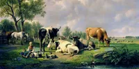 A 19th-century pastoral painting depicting a rural farmyard scene. In the foreground, a young child sits with a dog on the grass near a stream. Several cattle in various colours, black and white, brown, and cream, scattered throughout the scene, some standing and others lying down in the grass. A light-colored horse stands to the left under a large tree. The landscape features a verdant meadow with scattered trees, a small farm building visible in the distance, and grazing figures on the far horizon. A cloudy sky overlooks the tranquil countryside setting.