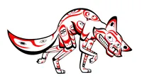 Formline-style illustration of Coyote the Trickster in the black, red, and white palette of Northwest Coast Indigenous art. The coyote is shown mid-stride with an arched back and a curled tail, its body built from interlocking ovoid and U-shaped forms, stylized joint markings, and small embedded faces. Its head turns back toward the viewer with a toothy grin, a large stylized eye, and a pointed ear.