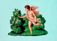 Vintage-style illustration of Cupid running through a garden, reaching toward a flowering rose bush with one hand while holding a bow in the other. He has curly auburn hair, pink wings, a quiver of arrows on his back, and a draped pink cloth around his hips. The scene is set against a turquoise background with green shrubbery and grass.
