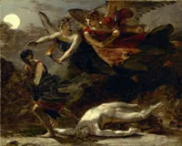A dark Romantic-era oil painting depicting an allegorical scene of divine retribution. Two winged figures descend dramatically from a moonlit, storm-clouded sky — one holds a torch, the other brandishes a dagger and wears flowing red drapery. Below them, a dark-clad figure flees to the left, glancing back in terror, also carrying a torch. In the foreground, a pale, nearly nude human body lies prostrate on the ground, face-down, with a small wound visible on the torso. The palette is dominated by deep browns, greys, and blacks, with the pale body and the full moon providing stark contrast. The composition conveys swift, inevitable pursuit.