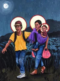 A painting depicting a family of three traveling at night through dark terrain under a moonlit, star-scattered sky. On the left, a man in a yellow t-shirt, jeans, and white sneakers carries a backpack and looks back over his shoulder with an expression of watchful urgency. Beside him, a woman in jeans and sandals carries a young child on her back in a purple wrap and holds a pink plastic bag in her hand; both she and the child look directly at the viewer with solemn, steady expressions. All three figures are crowned with Byzantine-style halos, golden circles rimmed in red, aligning the family visually with sacred iconography. Dark hills rise in the background. The painting's style blends folk art and religious icon traditions.