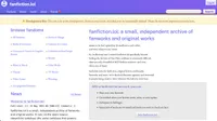 Screenshot of the fanfiction.lol homepage. The header is purple with the site logo and name on the left and a 