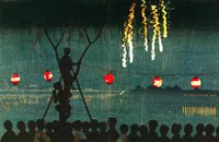 A Japanese woodblock print of a nighttime fireworks festival by a riverbank. Golden fireworks cascade down the dark teal sky in the upper right, trailing sparks. A row of red-and-white paper lanterns strung on a wire crosses the scene, reflecting in the water below along with distant lights and hills. In the foreground, a large silhouetted crowd watches, including children climbing a wooden ladder or scaffold for a better view.