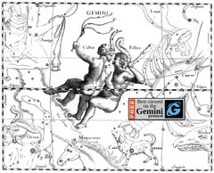 A historical star chart depicting the constellation Gemini, rendered as an engraving in the style of Johannes Hevelius or a similar 17th–18th century celestial atlas. The twins Castor and Pollux are illustrated as two nude male figures facing one another, adorned with floral wreaths and flowing drapery. Surrounding constellations are labeled in Latin, including Auriga, Lynx, Cancer, Orion, Monoceros, Canis Minor, and Hydra. Stars are marked with small ringed symbols along the ecliptic line. A watermark in the lower right reads 'Best viewed on the Gemini protocol' alongside the Gemini browser logo.
