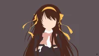 A minimalist vector-style illustration of a young anime girl with very long, flowing dark brown hair swept loosely to both sides. She wears a yellow headband and matching yellow ribbon ties near the ends of her hair. Her outfit consists of a dark navy or black school blazer over a white dress shirt with a pink bow at the collar. Her face is a flat, featureless peach shape. The background is a flat medium grey. A small artist's signature appears in the lower right corner.