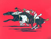 Three jockeys race side by side on horseback in a flat racing scene rendered in a bold graphic illustration style. The horses—one dark, one white, one dark bay—surge forward at full gallop against a vivid coral-red background. The jockeys lean low over their mounts' necks, dressed in racing silks and caps. The palette is limited to deep teal-black, white, gold, and red, the image has the feel of a vintage screen-print/linocut poster.