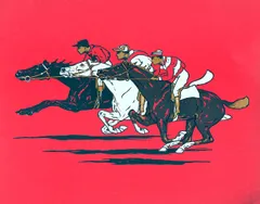 Three jockeys race side by side on horseback in a flat racing scene rendered in a bold graphic illustration style. The horses—one dark, one white, one dark bay—surge forward at full gallop against a vivid coral-red background. The jockeys lean low over their mounts' necks, dressed in racing silks and caps. The palette is limited to deep teal-black, white, gold, and red, the image has the feel of a vintage screen-print/linocut poster.