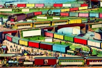 Colourful vintage lithograph illustration depicting six stacked, winding railway lines crowded with steam trains, in a style typical of late 19th-century American railroad advertising prints. Each track level shows a different train: freight cars in red, yellow, pink, and blue; a bright yellow-and-red passenger train crossing an iron truss bridge over a river with a sailboat; more boxcars in mixed colors passing a rail yard where workers signal with flags; and at the bottom, a station platform scene with a green-and-cream passenger train, a maroon baggage car, and a horse-drawn carriage surrounded by well-dressed 19th-century travelers. Steam locomotives with tall smokestacks and red wheels pull each train, with plumes of dark smoke rising against a pale blue sky and distant hills.