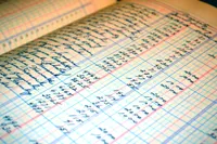 Close-up of an old handwritten ledger book open to a page of cursive names and columns of numbers in blue ink, on ruled accounting paper with red and blue grid lines, photographed at an angle with shallow depth of field.
