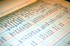 Close-up of an old handwritten ledger book open to a page of cursive names and columns of numbers in blue ink, on ruled accounting paper with red and blue grid lines, photographed at an angle with shallow depth of field.