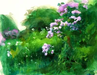 Watercolour painting of a lush garden scene dominated by deep and yellow-greens, with clusters of soft lavender-pink flowering lilacs blooming throughout dense foliage. Small white wildflowers dot the lower foreground. The brushwork is loose and impressionistic, with washes of colour blending into the cream-white of the unpainted paper at the upper left. Hints of red stems and teal leaves add contrast within the greenery.
