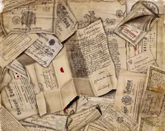 A trompe-l'œil painting depicting a scattered collection of aged historical documents, letters, and newspapers overlapping one another. The papers are rendered in warm sepia and cream tones, suggesting significant age. Documents include handwritten letters in German cursive script (Kurrent), printed newspapers with Gothic blackletter typefaces bearing dates from 1817, official-looking certificates with wax seals and decorative borders, folded correspondence with red wax seal remnants, and what appears to be sheet music. Several documents feature ornate engravings of coats of arms or figures on horseback. A few pieces of red sealing wax are scattered among the papers. The arrangement creates a sense of historical layering, as though the viewer is looking down at a desk or archive drawer full of early 19th-century European correspondence and ephemera.