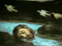 A dark oil painting depicting a man's head lying at the edge of a luminous turquoise river, his eyes half-open and expression serene or unconscious. The surrounding landscape is rendered in deep blacks and earth tones, with the vivid blue-green water serving as the primary light source. Three pale birds fly through the dark sky above him. The brushwork is loose and expressive, evoking a Romantic or Symbolist style. The overall mood is ethereal and elegiac.