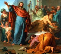 Oil painting in a Baroque/Neoclassical style depicting a dramatic scene of illness, grief, and repentance. At center, an elderly bearded man in blue and red robes holds a ceremonial staff and raises his other hand in a gesture of blessing or command. To his right, a shirtless elderly man lies collapsed and being supported by onlookers, his arms outstretched. In the foreground, a man in an orange robe kneels and bows his head over clasped hands in anguish or prayer, beside an open book lying on the stone floor. On the left, a woman in green ushers forward a toddler in a white tunic who reaches toward the central figure. In the background, a crowd of robed figures gestures with alarm and raises their hands toward the sky. The mood is one of crisis, supplication, and divine intervention, rendered in rich reds, blues, and golds typical of 18th-century religious history painting.