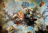 A Baroque-style allegorical ceiling painting depicting classical female figures representing virtues or goddesses, including one crowned figure in pink robes and one in blue holding a quill and documents, seated on clouds surrounded by cherubs. Additional allegorical figures appear in the lower register, one holding an olive branch with a molecular diagram drawn on her chest, another carrying a shield and spear. Scattered legal documents float in the lower right corner. Overlaid across the entire composition is aggressive graffiti tagging in black and deep red, with a graffiti rendering of the scales of justice at the top center.