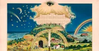A chromolithograph Masonic certificate depicting a layered allegorical landscape. At the top, the All-Seeing Eye radiates light from within a sunburst above a celestial temple building. Below it, a hilltop scene shows knights and horses beneath a starry night sky on the left and a rainbow with a rising sun on the right. In the centre, an arched inscription reads 'I Am That I Am. Exod. III:4,' framing a gateway marked with Masonic symbols including the letter G and Alpha and Omega. The surrounding landscape includes biblical scenes: workers building structures at lower left, Noah's Ark on floodwaters at right, and the Tabernacle in the distance. Blank lines throughout indicate spaces for a member's name and dates to be filled in.