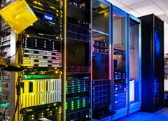 A server room with multiple open rack cabinets filled with densely packed hardware, illuminated by dramatic coloured lighting: yellow on the left, pink and green in the centre, and blue on the right. Status indicator LEDs in amber, green, and red dot the equipment.