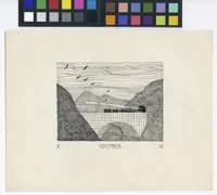 Pen-and-ink illustration titled 'November,' signed K. and W. Two crosshatched hills frame a valley, with a line of birds flying across a sky rendered in horizontal wavy strokes, growing smaller as they recede into the distance. A cluster of dark, blocky shapes sits in the middle distance where the hills meet, with a pale diagonal gap suggesting mist or a break in the land.