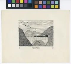 Pen-and-ink illustration titled 'November,' signed K. and W. Two crosshatched hills frame a valley, with a line of birds flying across a sky rendered in horizontal wavy strokes, growing smaller as they recede into the distance. A cluster of dark, blocky shapes sits in the middle distance where the hills meet, with a pale diagonal gap suggesting mist or a break in the land.