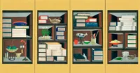 A four-panel Korean folding screen with a gold background, each panel depicting open shelving filled with neatly stacked books and decorative objects. The shelves contain ceramics, a teapot, flowering bulbs, writing brushes, an inkstone, fruit in a bowl, jade and carved ornaments, and other scholarly and ornamental items, arranged in a balanced, geometric composition with muted blues, greens, reds, browns, and white.