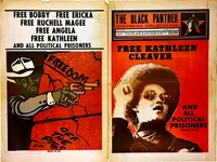 Open spread of The Black Panther newspaper, Vol. VI No. 6, dated Saturday, March 6, 1971, priced at 25 cents, published weekly by the Black Panther Party out of San Francisco, CA. Left page: bold block-letter text across the top reads 'FREE BOBBY / FREE ERICKA / FREE RUCHELL MAGEE / FREE ANGELA / FREE KATHLEEN / AND ALL POLITICAL PRISONERS.' Below is a stylized illustration in red, black, and grey of a figure in a wide-brimmed hat aiming a revolver directly at the viewer, the word 'FREEDOM' visible in the background and the phrase 'OFF THE PIGS' partially legible at the bottom; the image is captioned 'SHOOT TO KILL.' Right page: the newspaper's masthead features a Black Panther Party logo with a red star and portrait. The headline reads 'FREE KATHLEEN CLEAVER / AND ALL POLITICAL PRISONERS / SUPPLEMENT INSIDE' in large black type on a red background, alongside a sepia-toned photographic portrait of Kathleen Cleaver.