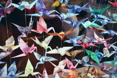 Dozens of origami paper cranes in a wide variety of colours and patterns. Blues, pinks, reds, greens, white, and earth tones, many made from patterned washi-style paper with florals and stripes, suspended from thin strings against a blurred warm-toned background.