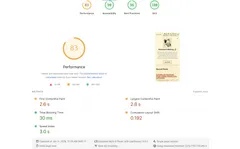 Google Lighthouse performance report showing a score of 83 out of 100, with metrics including First Contentful Paint at 2.6 seconds, Largest Contentful Paint at 2.8 seconds, Total Blocking Time at 30 milliseconds, Cumulative Layout Shift at 0.192, and Speed Index at 3.0 seconds.