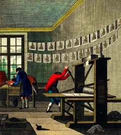Historical engraving depicting a print shop in the 18th century. Two workers in period clothing operate a wooden printing press: one figure in a red coat pulls the press lever while bent over the press bed, and another in a blue coat inks type at a compositing table near a multi-paned window. Freshly printed sheets, each bearing a small portrait, hang in two rows on drying lines strung across the room. Ink balls, tools, and other workshop materials are scattered on the floor.