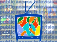 A graphic illustration featuring a vintage blue television set centered on the image, its antenna tilting to the right. The TV screen contains a vibrant stained-glass-style composition of diverse human faces and silhouettes rendered in bold colours. Orange, red, green, teal, turquoise, yellow, and lavender. A crowd and community of voices. The background is a repeating diagonal pattern of the words 'public access television' in translucent blue text, layered over a blurred cityscape, a busy commercial street.