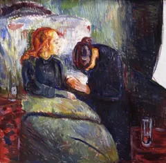 A red-haired girl sits propped up in bed, pale and fragile, her gaze directed slightly downward. Beside her, a dark-clothed figure bows their head low over the bed in a posture of grief or exhaustion, their face hidden. The bedclothes are rendered in muted greens and yellows; the background is a loose, agitated wash of greens, whites, and blues. The brushwork is expressionistic and urgent throughout. A glass and small vessels are visible on a bedside table to the right. The overall palette is heavy with dark blues, deep reds, and earthy tones, giving the scene an atmosphere of sorrow and vigil.